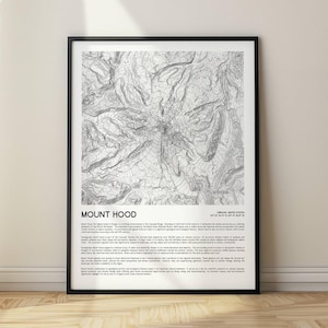 Mount Hood Topographische Karte Minimalistische Konturlinie Wandkunst mit detaillierten Informationen über MT Hood Oregon, Naturliebhaber Geschenk, Druck, gerahmt oder Leinwand