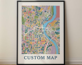 Aangepaste kleurenkaart kunstafdruk, retro heropleving kleuren stadsplattegrond voor elke locatie, moderne pastelkleuren muurkunst, artistieke thuisstadkaart