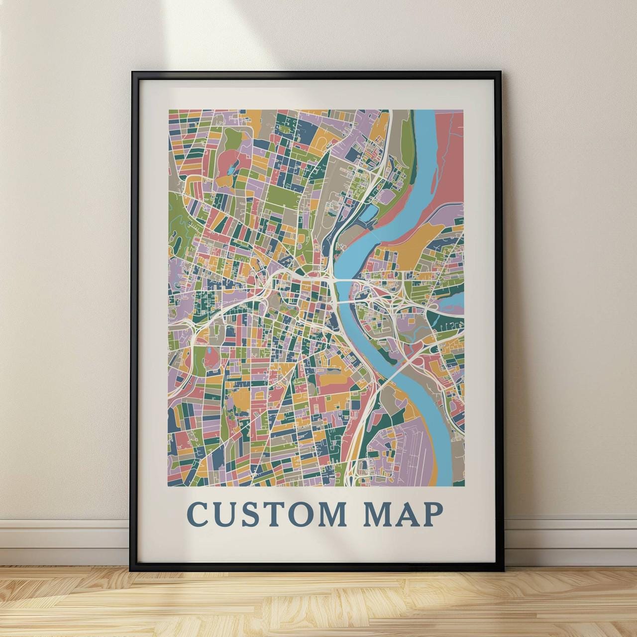 Custom Color Map Art Print, Retro Revival Colors City or Town Map for ...