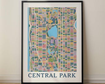 Retro kaart van Central Park – Kleurrijke abstracte NYC-kunstprint, moderne vintage Manhattan-muurdecoratie om af te drukken, ingelijst, canvas of ingelijst canvas