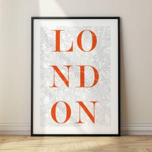 London Print, London Poster, Wandkunst, London Wandkunst, Wohnkultur, Reisedrucke, moderne Kunst, Stadtposter, Straßenkarte, oranger Text