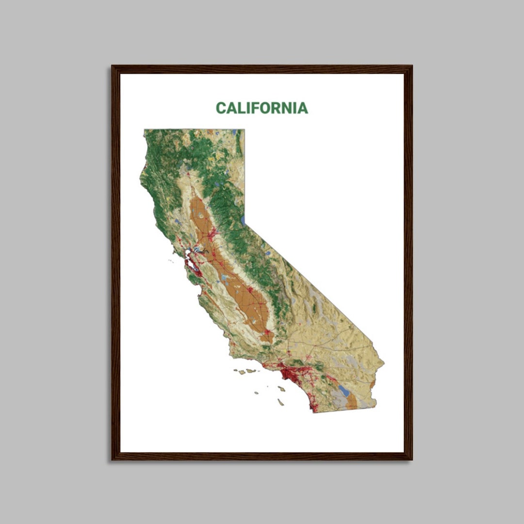 California Landscape Map Colorful State Map Wall Art Map, Satellite