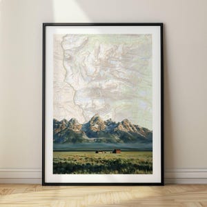 Grand Teton Aquarell Illustration mit topographischer Karte, National Park Wandkunst für Haus oder Büro, Druck, Gerahmt oder Leinwand, Künstlerkarte