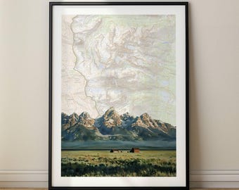 Grand Tetons Watercolor Illustration with Topographic Map, National Park Wall Art for Home or Office, Print, Framed, or Canvas, Artistic Map