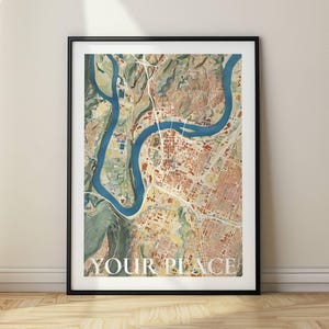 Benutzerdefinierte Aquarellkarte, Farben der alten Karte mit topografischen Linien, Digitaldruck, gerahmter Aufhänger oder Leinwand, perfekt als Geschenk für Büro oder Zuhause