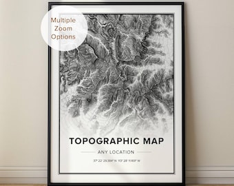 Aangepaste topografische kaart van elke locatie, cadeau voor wandelaar buitenreiziger, kunst aan de muur cadeau voor thuis of op kantoor, kaart bergtoppen of ravijnen