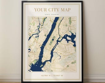 Personalized City Map Print 18x24 | Custom Street Map Art | Minimalist Gold & Navy Map | Any City Worldwide Wall Decor Gift