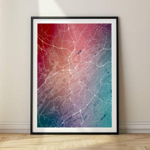 Mapa de ciudad abstracto personalizado con ubicación personalizada y degradado colorido, calles y agua, ideal para inauguración de la casa o decoración de pared de oficina.