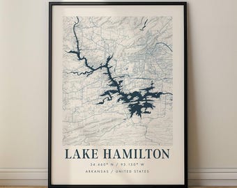 Lake Hamilton Map Print – Arkansas Lake Wall Art – Minimalist Topographic Map – Hot Springs Decor – Custom Coordinates Poster