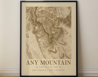 Aangepaste berg- of piekkaart overal ter wereld, contourkaart, aangepaste locatie, modern muurdecor, reizigerskunst aan de muur, cabinedecor