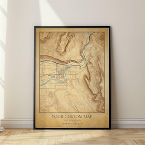 Carte topographique vintage personnalisée, ancienne carte n'importe quel endroit, galerie d'art mural, décoration de salon ou de bureau à domicile, carte personnalisée de randonnée de voyage