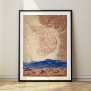 Große Sanddüne Aquarell Illustration mit topografischer Karte, Nationalpark Wandkunst, Haus oder Büro, Druck, gerahmt oder Leinwand, künstlerische Karte