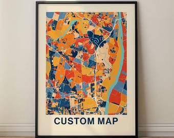 Aangepaste kleurenkaart kunstprint, kleurrijke stads- of dorpskaart voor elke locatie, moderne levendige kleuren muurkunst, artistieke thuisstadkaart