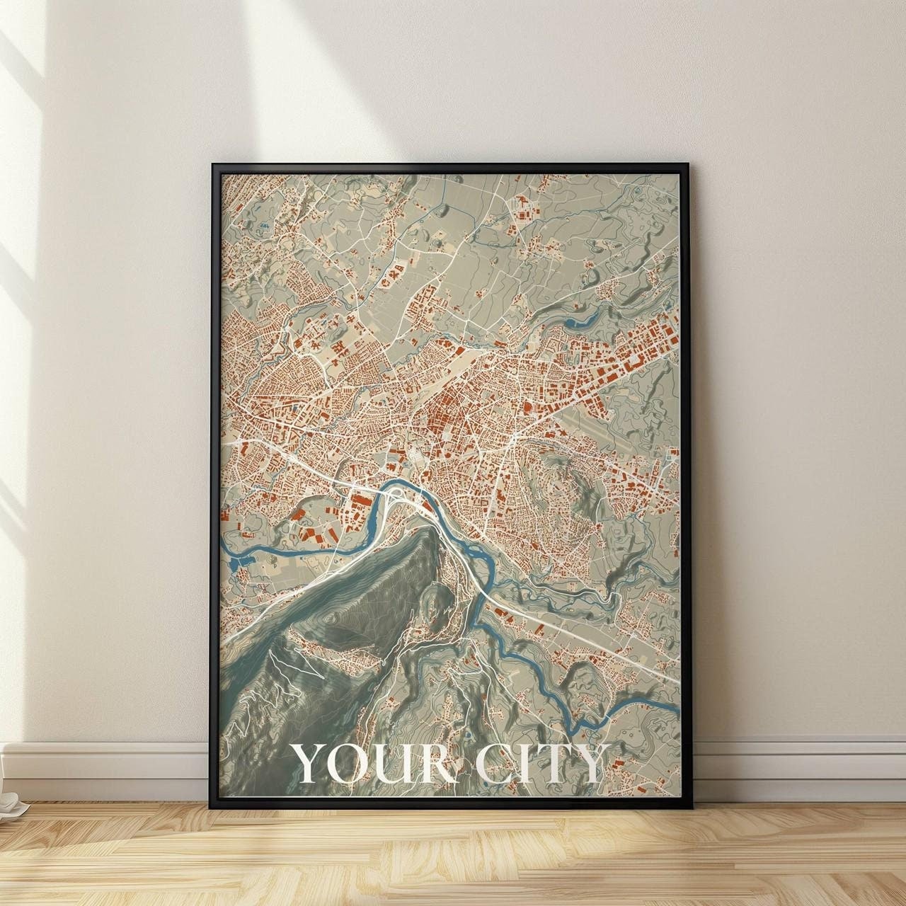 Topographic Map Frame Custom Map in Old Style Earth Tone Colors With Topographic Lines ...