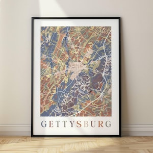gettysburg abstrakte topographische Karte Druck, buntes Gelände und weiße Straßen, Bürgerkrieg Geschichte Kunst, moderne Karte Druck, Rahmen oder Leinwand