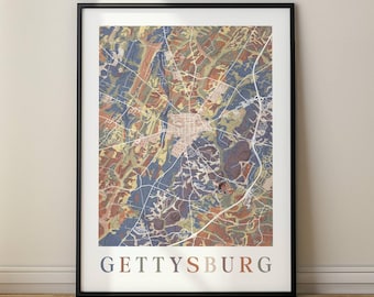 Gettysburg Abstract Topographic Map Print, Colorful Terrain and White Streets, Civil War History Art, Modern Map Print, Frame, or Canvas
