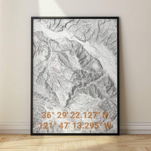 Custom Topographic Map with Coordinates, Gift for Hiker Outdoorsy Traveler, Artistic Style Topo Map Wall Art Personalized for Home or Office