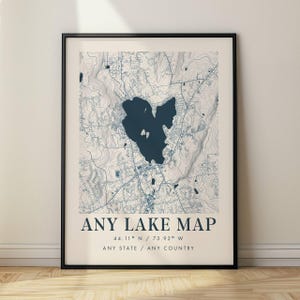 Impression personnalisée de carte de lac, art de la carte avec lignes de contour, emplacement personnalisé, décoration murale moderne, art mural voyageur, décoration de cabane au bord du lac