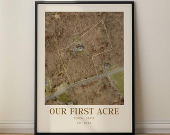 Aangepaste eigendomskaart muurkunst housewarming cadeau perceel kaart makelaar cadeau, pakketlijnen met luchtfoto, ons eerste huis, kaart familieboerderij