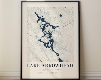 Lake Arrowhead Map Print – Maine Lake Wall Art – Minimalist Topographic Map – Rustic Lake House Decor – Custom Coordinates Poster