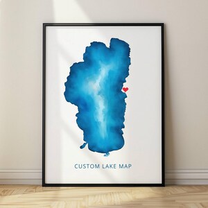 Mappa del lago personalizzata, decorazione murale in acquerello con mappa del lago personalizzata, decorazione personalizzata per la casa sul lago, personalizzabile con la posizione del cuore, regalo per la famiglia o il partner