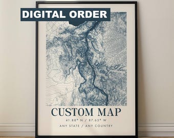 Personalized Topographic Digital Map, Contours and Water Features Map Art, Custom Location Modern Wall Decor, Traveler or Hiker Keepsake Art