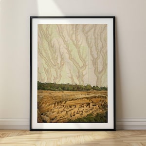 Mesa Verde Aquarell Illustration mit topographischer Karte, Nationalpark Wandkunst für Haus oder Büro, Druck, gerahmt, oder Leinwand, künstlerische Karte