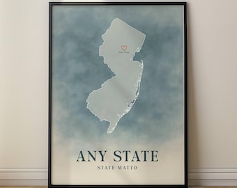 Aangepaste print van de staatskaart met gepersonaliseerde stad en hart – Minimalistische muurkunst, staatscadeau, decoratie woonplaats, elke staat of stad