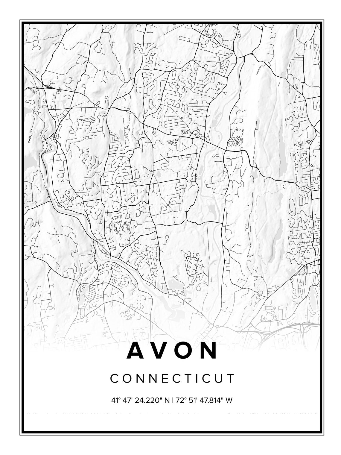 Avon Connecticut Town Street Wall Art Map Avon Minimalist Map Etsy