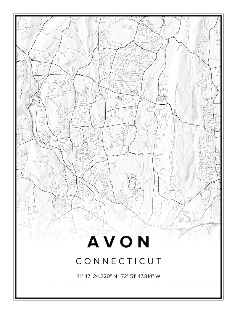 Avon Connecticut Town Street Wall Art Map Avon Minimalist Map Etsy