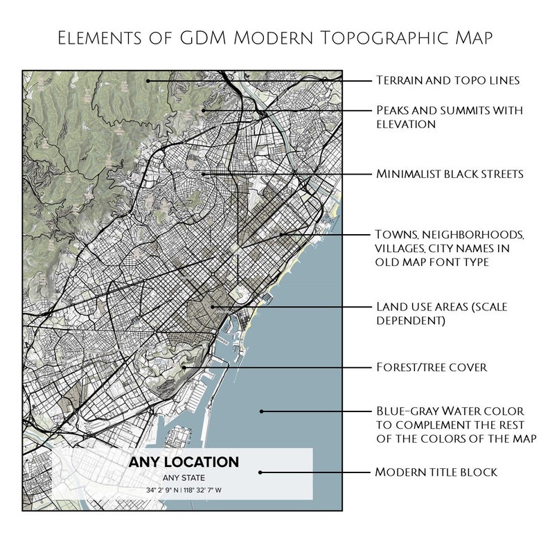 Modern Topographic Map Anywhere in the World, Any City, Any Town, Any Country or Region