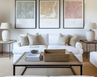 Set van 3 gepersonaliseerde aquarelkaartafdrukken aangepaste kaartkunst, geboorteplaats of stadskaart jubileumcadeau unieke reisaandenken, pastelkleurige aquarellen