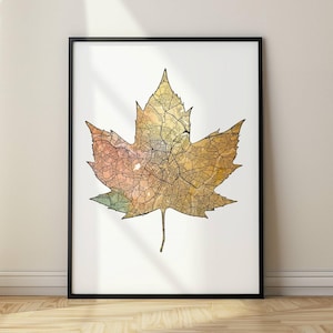 Plan des rues personnalisé en forme de feuille, personnalisé pour n'importe quel endroit, art mural aquarelle d'automne pour la maison ou le bureau, numérique, impression, encadrée ou toile