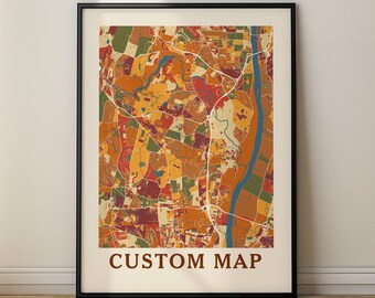 Aangepaste kleurenkaart kunstafdruk, warme kleurtinten van elke stad of dorpskaart, aardetinten kleuren muurkunst, artistieke thuisstadkaart, afdrukken, canvas