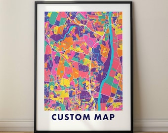 Gepersonaliseerde kleurrijke print stadskaart – Gedurfde moderne stratenkaartkunst – aangepaste locatie, waar ook ter wereld – Levendig muurdecor