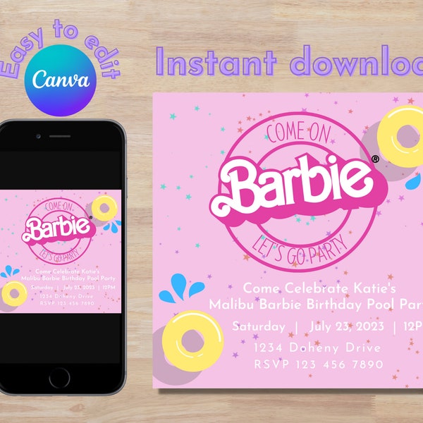 Editable Pink Doll Birthday Pool Party Invitation, Come on Barb Lets go Party Digital Template Download, Customizable Card Invite E-invite