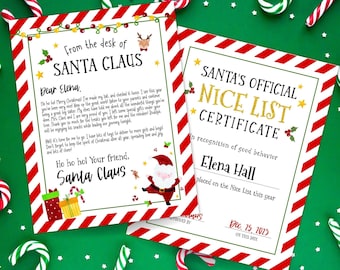 Pode incluir: Um certificado listrado vermelho e branco com estrelas douradas e o texto "Certificado Oficial da Lista de Bons de Papai Noel". O certificado é para Elena Hall e indica que ela foi colocada na Lista de Bons em 25 de dezembro de 2023.