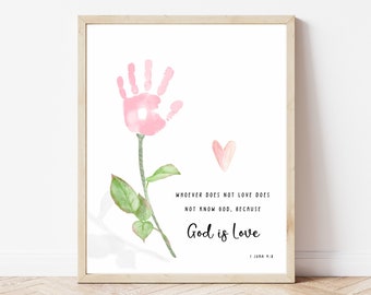 Valentines Day Handprint Art, Preschool Bible Activity, Flower Handprint, Bible Verse Craft, Sunday School, Kid Toddler Baby Handprint Craft