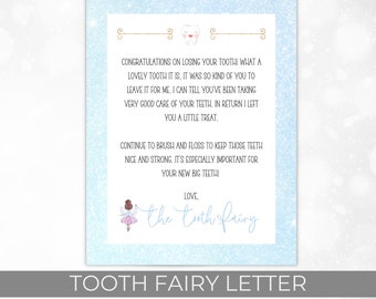 May include: A light blue Tooth Fairy letter with a glittery border. The letter includes a message about losing a tooth, with a tooth graphic and the words "the tooth fairy". The bottom of the letter reads "Tooth Fairy Letter" and "Instant Download".