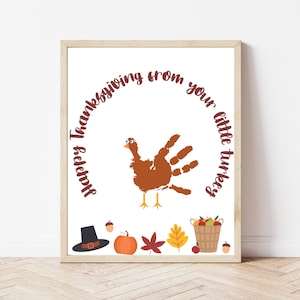 Impressão de mão de ação de graças do Little Turkey, arte de impressão de mão de outono, cartão de ação de graças de crianças, artes e ofícios de novembro para creche pré-escolar