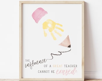 Puede incluir: Una impresión enmarcada con una huella de mano amarilla, una goma de borrar rosa y un lápiz dibujando una línea. El texto dice "La influencia de un gran maestro no se puede borrar."