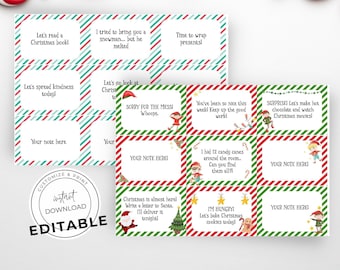 Pode incluir: Um conjunto de cartões de atividades de duendes de Natal imprimíveis com listras vermelhas e verdes. Os cartões apresentam ilustrações de duendes e Papai Noel. O texto nos cartões inclui frases como "Vamos ler um livro de Natal", "Vamos espalhar gentileza hoje", "Hora de embrulhar os presentes", "Escondi 12 bastões de caramelo pela sala... Você consegue encontrar todos?", "O Natal está quase aqui! Escreva uma carta para o Papai Noel. Eu a entregarei esta noite!" e "Estou com fome! Vamos fazer biscoitos de Natal hoje!"