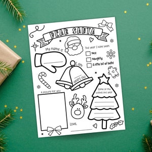 Carta a Papá Noel, Carta para colorear de Papá Noel, Lista de deseos navideños, Páginas para colorear navideñas, Actividad navideña para niños pequeños en preescolar y jardín de infantes