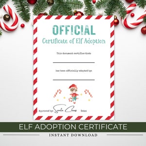 Certificación de adopción de elfos, llegada de un elfo por primera vez, carta de Papá Noel para la llegada de un elfo, diversión navideña para niños, correo de elfos, letrero de adopción, cartas de elfos