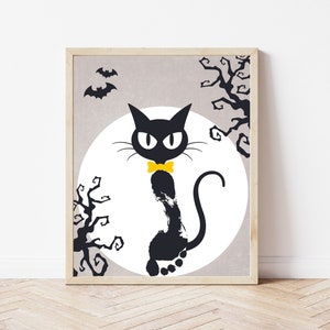 Schwarze Katze Halloween-Handwerk für Kinder, Herbst-Kids-Kunsthandwerk, Handabdruck-Fußabdruck-Kunst, Kindergarten-Vorschulhandwerk, Baby-Kleinkind-Halloween-Aktivität