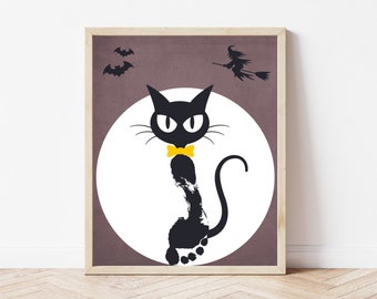 Black Cat Halloween Craft for Kids, Fall Kids Art Craft, Handprint Footprint Art, Daycare Preschool Craft, Baby Toddler Halloween Activity