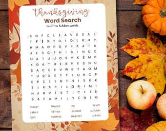 Thanksgiving Word Search, Thanksgiving Games, Printable Games for Kids, Fall Word Search, Thanksgiving Classroom Party, Fall Activities