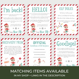 K&ouml;nnte beinhalten: Set aus sechs Weihnachtskarten mit rot-wei&szlig; gestreiften R&auml;ndern. Jede Karte zeigt eine Aquarellillustration eines Elfen und Text in einer verspielten Schriftart. Die Karten enthalten Botschaften wie "Ich bin zur&uuml;ck!" und "Auf Wiedersehen!"