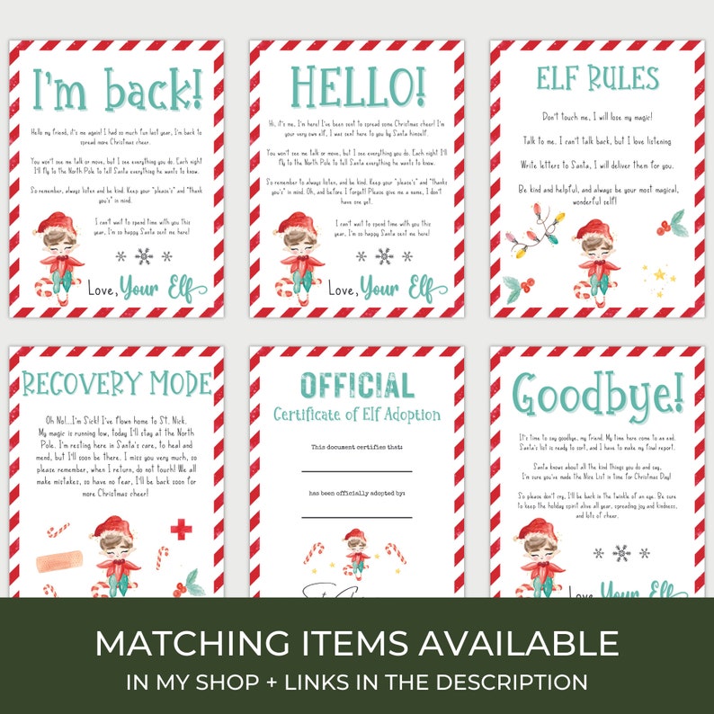 K&ouml;nnte beinhalten: Set aus sechs Weihnachtskarten mit rot-wei&szlig; gestreiften R&auml;ndern. Jede Karte zeigt eine Aquarellillustration eines Elfen und Text in einer verspielten Schriftart. Die Karten enthalten Botschaften wie "Ich bin zur&uuml;ck!" und "Auf Wiedersehen!"