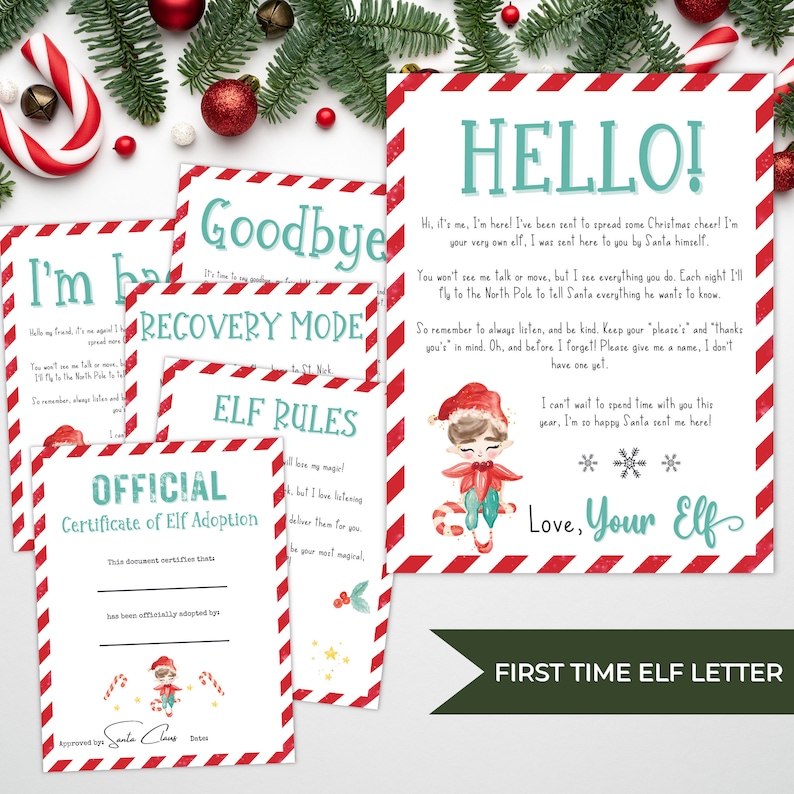 K&ouml;nnte beinhalten: Eine Sammlung von Weihnachtspapierwaren mit rot-wei&szlig; gestreiften R&auml;ndern. Das Set enth&auml;lt Briefe mit Botschaften wie &bdquo;Hallo!&ldquo; und &bdquo;Auf Wiedersehen&ldquo;, ein &bdquo;Elf-Regel&ldquo;-Blatt und ein &bdquo;Offizielles Elf-Adoptionszertifikat&ldquo;.